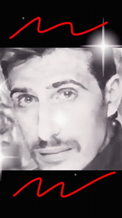 A Black And White Photo Of A Man With A Mustache And Red Lines GIF