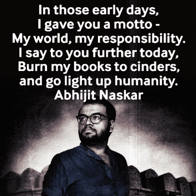 a black and white photo of a man with glasses and a quote from abhijit naskar