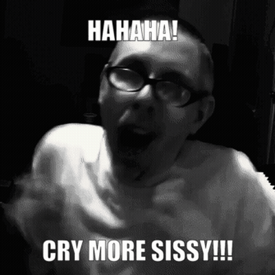 A Black And White Photo Of A Man With Glasses Laughing And Saying Cry More Sissy GIF