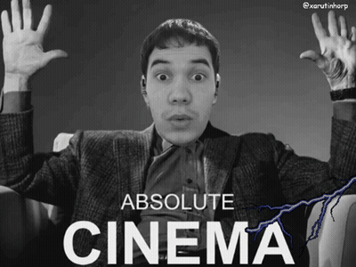 A Black And White Photo Of A Man With His Hands In The Air And The Caption Absolute Cinema GIF