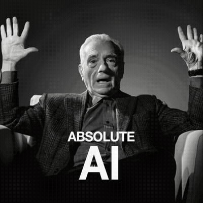 A Black And White Photo Of A Man With His Hands In The Air And The Words Absolute Ai Above Him GIF