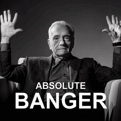 A Black And White Photo Of A Man With His Hands In The Air And The Words Absolute Banger Below Him GIF