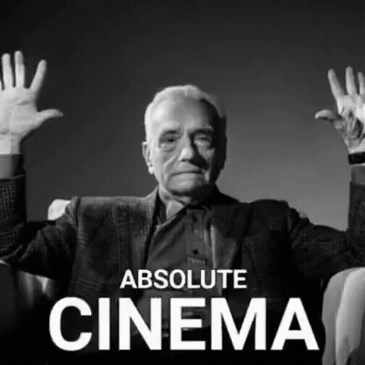 A Black And White Photo Of A Man With His Hands In The Air And The Words Absolute Cinema GIF