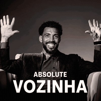 A Black And White Photo Of A Man With His Hands In The Air And The Words Absolute Vozinha Behind Him GIF