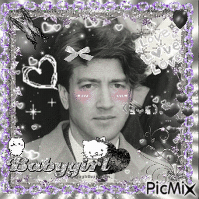 A Black And White Photo Of A Man With Pink Cheeks Is Surrounded By Purple Glitter And Hearts GIF
