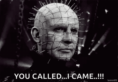 A Black And White Photo Of A Man With Pins In His Head And The Words `` You Called ... I Came ... '' GIF
