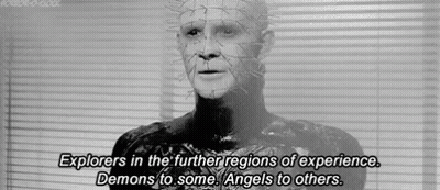 A Black And White Photo Of A Man With Spikes On His Face And The Words `` Explorers In The Further Regions Of Experience GIF