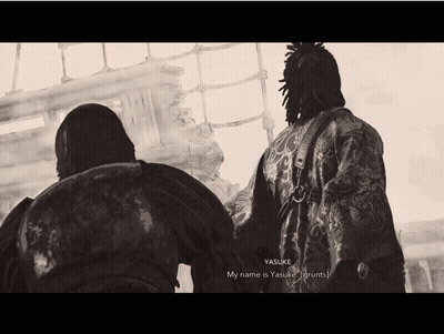 A Black And White Photo Of A Man With The Name Yasuke GIF