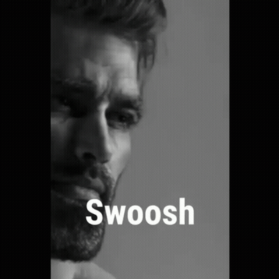A Black And White Photo Of A Man With The Word Swoosh In White GIF
