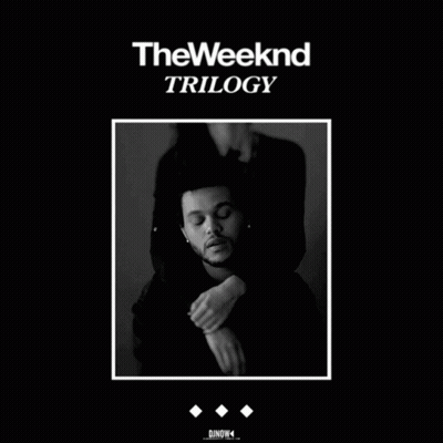 A Black And White Photo Of A Man With The Word Trilogy On It GIF