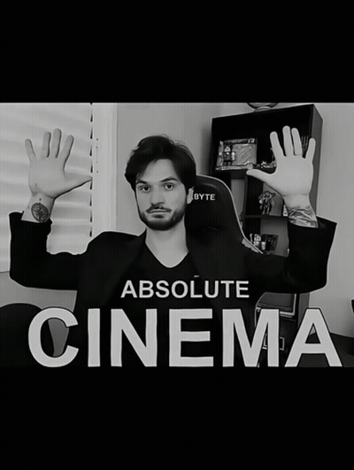 A Black And White Photo Of A Man With The Words " Absolute Cinema " Above Him GIF