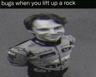 A Black And White Photo Of A Man With The Words Bugs When You Lift Up A Rock GIF