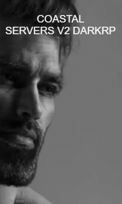 A Black And White Photo Of A Man With The Words Coastal Servers V2 Darkrp Below Him GIF