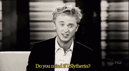 A Black And White Photo Of A Man With The Words Do You Mind If I Slytherin GIF