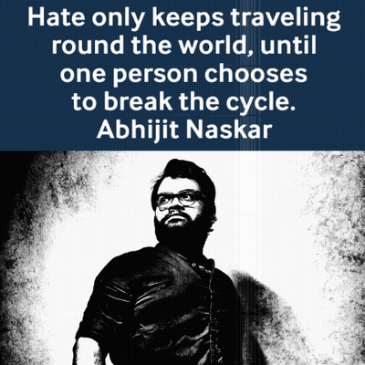 A Black And White Photo Of A Man With The Words Hate Only Keeps Traveling Round The World GIF