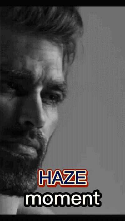 A Black And White Photo Of A Man With The Words Haze Moment On The Bottom GIF