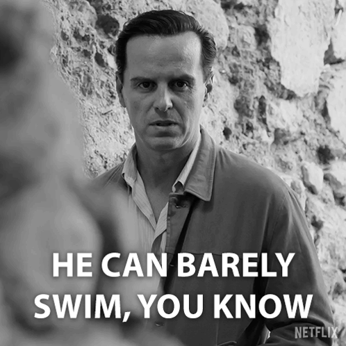 A Black And White Photo Of A Man With The Words He Can Barely Swim You Know GIF
