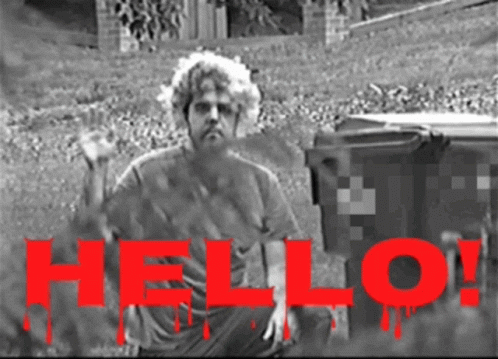 A Black And White Photo Of A Man With The Words Hello Written In Red GIF