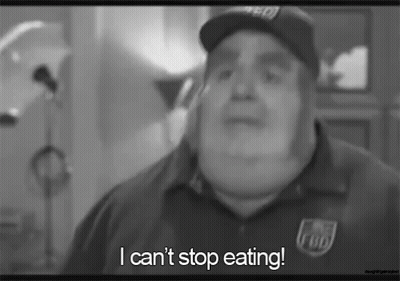 A Black And White Photo Of A Man With The Words I Can 'T Stop Eating GIF