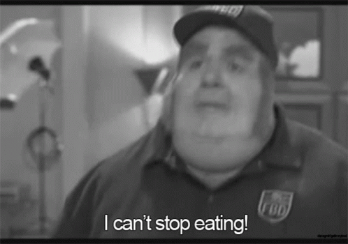 A Black And White Photo Of A Man With The Words " I Can 'T Stop Eating " GIF