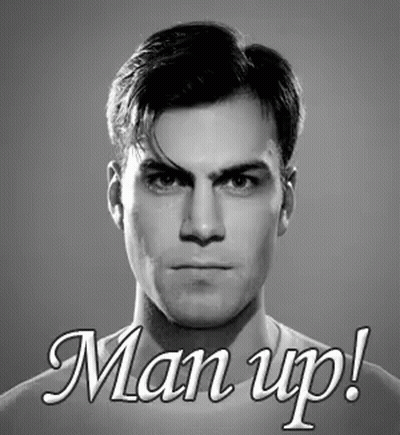 A Black And White Photo Of A Man With The Words Man Up On The Bottom GIF