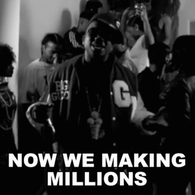 A Black And White Photo Of A Man With The Words Now We Making Millions Above Him GIF