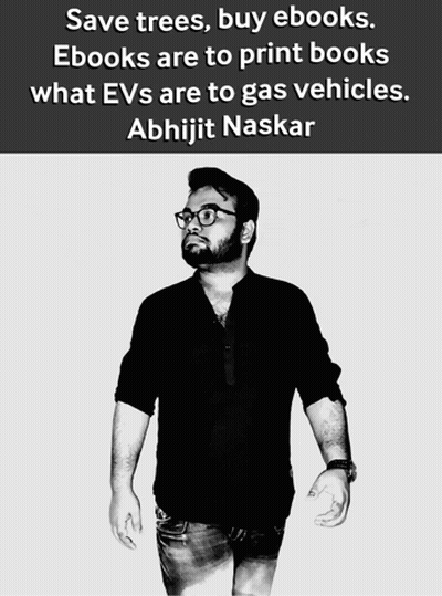 A Black And White Photo Of A Man With The Words Save Trees Buy Ebooks GIF