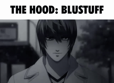 A Black And White Photo Of A Man With The Words The Hood Blustuff Below Him GIF