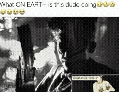 A Black And White Photo Of A Man With The Words " What On Earth Is This Dude Doing " At The Top GIF