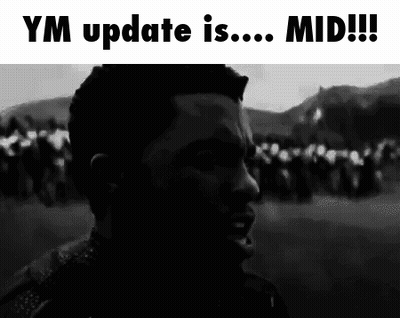 A Black And White Photo Of A Man With The Words " Ym Update Is ... Mid !!! " Above Him GIF