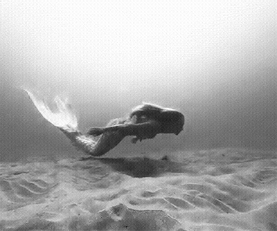 A Black And White Photo Of A Mermaid Swimming In The Ocean GIF