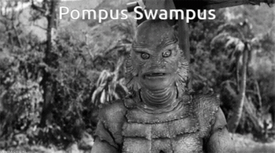 A Black And White Photo Of A Monster With The Name Pompus Swampus GIF