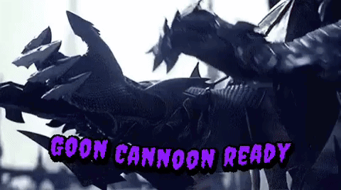 A Black And White Photo Of A Monster With The Words Goon Cannoon Ready Written Above It . GIF