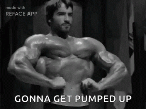 A Black And White Photo Of A Muscular Man Flexing His Muscles With The Words `` Gonna Get Pumped Up '' . GIF