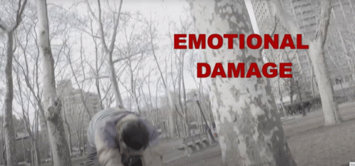 A Black And White Photo Of A Park With The Words Emotional Damage In Red GIF