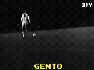 A Black And White Photo Of A Person Kicking A Soccer Ball With The Word Gento In Yellow GIF