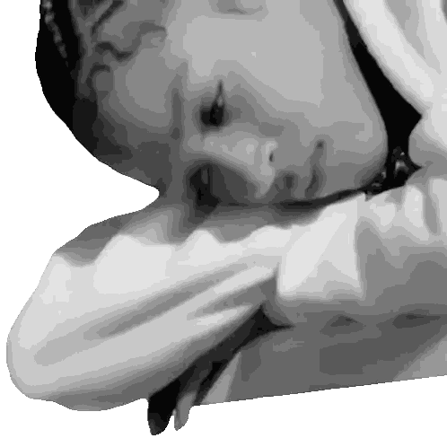 A Black And White Photo Of A Person Laying Down With Their Head On Their Arm Sticker