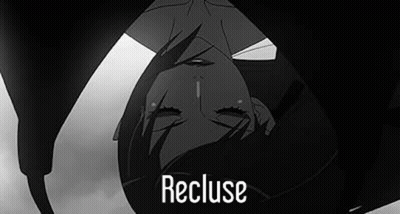 A Black And White Photo Of A Person Laying On Their Back With The Words `` Recluse '' Written Above Them . GIF