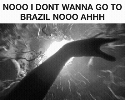 A Black And White Photo Of A Person 'S Hand With The Caption Nooo I Dont Wanna Go To Brazil Nooo GIF