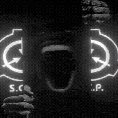 A Black And White Photo Of A Person Screaming In Front Of A S.c.p. Logo GIF
