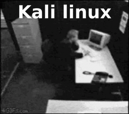 A Black And White Photo Of A Person Sitting At A Desk With A Computer And The Words Kali Linux Above Them GIF
