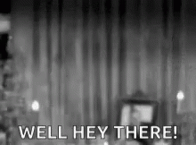 A Black And White Photo Of A Person Standing In Front Of A Curtain With The Words `` Well Hey There '' . GIF