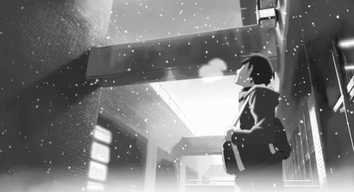 A Black And White Photo Of A Person Standing In The Snow GIF