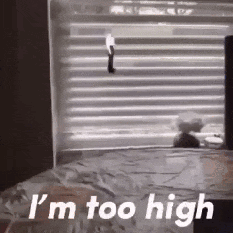A Black And White Photo Of A Person Standing On A Bed With The Words `` I 'M Too High '' Written On It . GIF