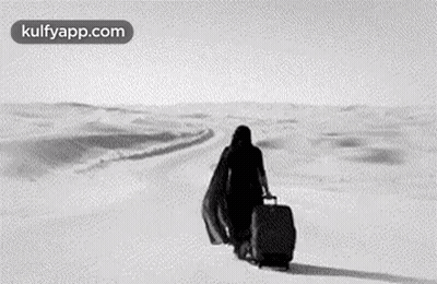 A Black And White Photo Of A Person Walking With A Suitcase . GIF