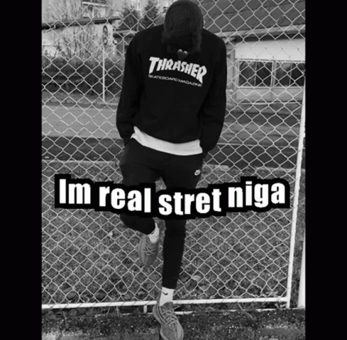 A Black And White Photo Of A Person Wearing A Thrasher Hoodie GIF