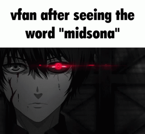 A Black And White Photo Of A Person With Red Eyes And The Words " Vfan After Seeing The Word " Midsona " GIF