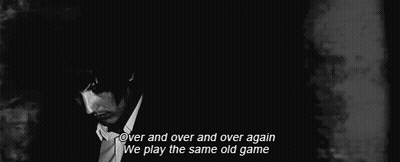 A Black And White Photo Of A Person With The Words Over And Over And Over Again We Play The Same Old Game GIF