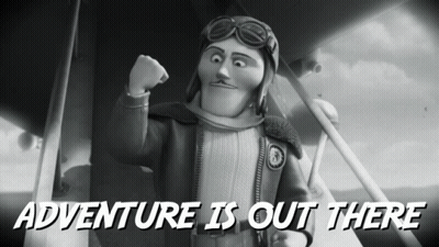 A Black And White Photo Of A Pilot With The Words Adventure Is Out There Below Him GIF