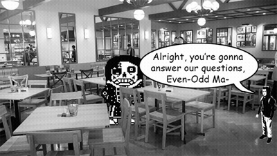 A Black And White Photo Of A Restaurant With A Speech Bubble Saying Alright You 'Re Gonna Answer Our Questions Even Odd  GIF
